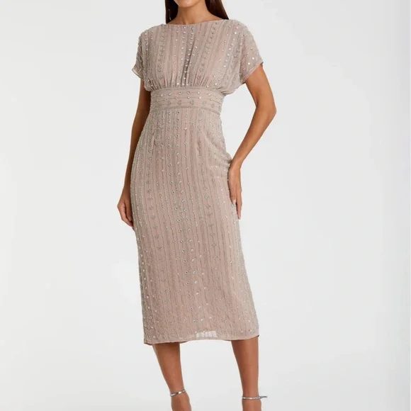 Mac Duggal | Dresses | Mac Duggal Beige Beaded Cap Sleeve Empire Waist Midi  Dress | Poshmark